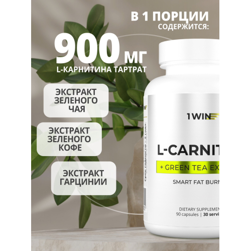 1WIN / Smart fat burner L-carnitine+ green tea extract / Жиросжигатель для похудения / Блокатор жира / 90 капсул
